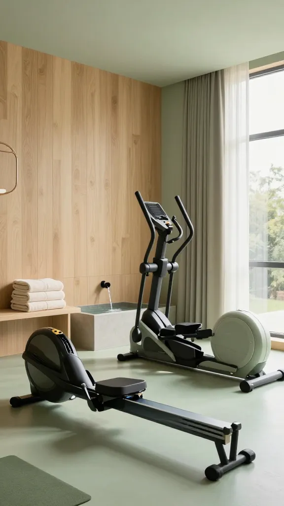 A high-quality, realistic photo of a luxurious, spa-inspired home gym. The tranquil space features walls adorned with light natural wood panels, creating a warm and serene atmosphere. A muted sage green color palette dominates, complemented by soft warm neutral accents in decor. Sleek, modern fitness equipment, including a silent elliptical and a peaceful, minimalist rowing machine, are subtly integrated into the design. In one corner, a small, elegant tabletop water feature gently cascades, providing soothing sounds. Plush, folded cream-colored towels are neatly stacked on a small, minimalist wooden shelf. Soft, diffused natural light streams in from a large window, enhancing the calming ambiance. The overall impression is one of sophisticated relaxation and functional wellness. No text.