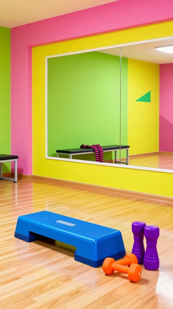 A realistic, high-quality photo of a vibrant 80s aerobics home gym. The room features a dynamic color-block wall design in electric pink, neon green, and bright yellow, subtly accented with geometric patterns. The floor is a highly polished, easy-to-clean light wood laminate, reflecting the bright studio lighting. In the foreground, a prominent bright blue step platform is positioned, flanked by a pair of neon orange dumbbells and vibrant purple ankle weights. A large, frameless mirror dominates the main wall, reflecting the energetic decor and a pair of striped leg warmers draped over a small, functional bench. The overall atmosphere is high-energy, nostalgic, and ready for an enthusiastic workout.