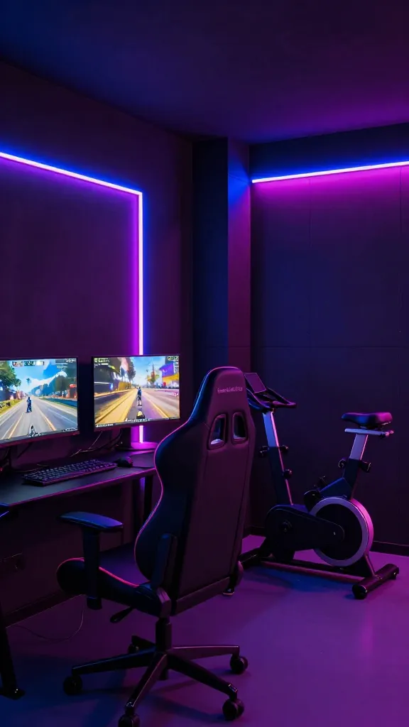 A high-resolution, realistic interior photograph of a modern "Gamer's Grotto & Gym" setup. The room features dark, matte-finished walls, creating an immersive, cave-like atmosphere. Strategic pops of vibrant neon LED strip lighting in electric blue and fuchsia illuminate the space, highlighting architectural details and equipment. In the foreground, a sleek, ergonomic gaming chair with subtle RGB accents is positioned in front of a multi-monitor gaming station, displaying a high-fidelity game world. Adjacent to the gaming setup, seamlessly integrated into the design, stands a compact, quiet, and modern exercise bike with a minimalist aesthetic, also featuring subtle integrated lighting that complements the neon theme. All cables are meticulously managed and hidden, ensuring a clean and functional environment. The overall ambiance is high-tech, functional, and inviting, showcasing a perfect blend of digital adventure and physical challenge. Professional interior design photography, sharp focus, no text.