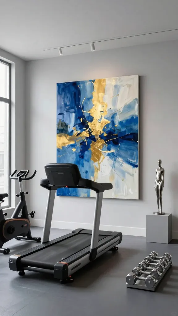 A high-quality, realistic photograph of a sophisticated home gym transformed into a personal art gallery. The spacious room features pristine, light gray walls serving as a neutral backdrop. Dominating the main wall is a large, vibrant abstract canvas painting, featuring dynamic brushstrokes in shades of deep blue, gold, and white. A minimalist, polished metal sculpture stands elegantly on a discreet, low pedestal in a corner. Sleek, minimalist gym equipment is strategically placed to allow the art to be the focal point: a high-end, black and chrome treadmill faces the main art piece, accompanied by a designer spin bike in a corner and a set of polished chrome dumbbells neatly arranged on a low, discreet rack. The flooring is a seamless, dark gray rubber mat. Abundant natural light streams in from a large window, complemented by subtle track lighting that illuminates the artwork. The overall aesthetic is one of elevated functionality and artistic inspiration.