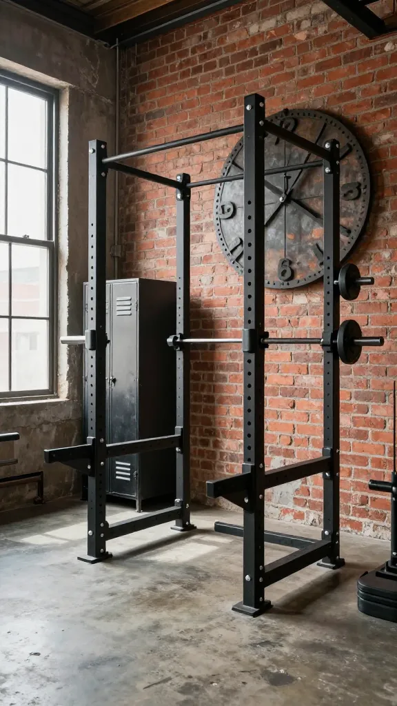 A high-quality, realistic photo of an urban industrial loft home gym. The space features a prominent exposed red brick wall and a raw, unfinished concrete floor. A robust matte black squat rack with matching weights is positioned centrally. Adjacent to it, a vintage-style metal locker provides stylish storage. A large, circular industrial clock with bold numerals or abstract metal wall art hangs prominently on the brick wall. Matte black accents are visible throughout the space, complementing the raw materials and creating an edgy, functional, and seriously stylish atmosphere. Natural light streams in from a large window, highlighting the textures. No text on images.