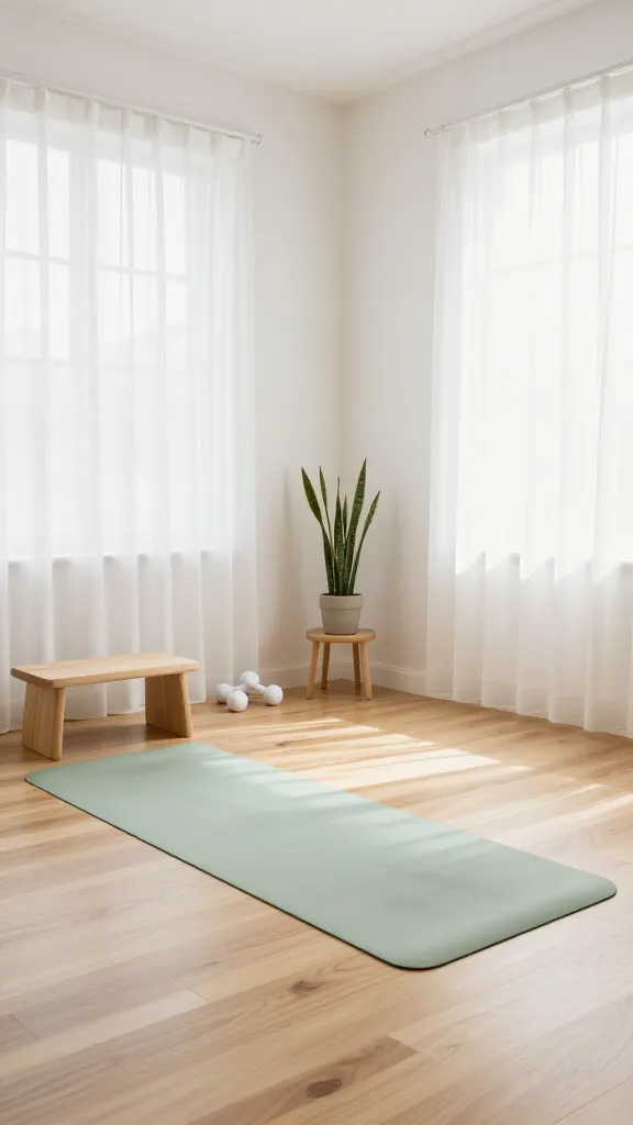 A high-quality, realistic photograph capturing a serene and minimalist home gym designed as a zen retreat. The space features crisp white walls and light maple hardwood flooring, generously illuminated by abundant natural light pouring in through large, sheer-curtained windows. A premium, pale sage green yoga mat is neatly placed on the floor, accompanied by a small, light wood meditation bench. A set of elegant, minimalist white dumbbells are discreetly arranged against a wall. A single, delicate potted snake plant sits on a small, light wood side table, adding a subtle touch of natural color. The room exudes a sense of calm, clarity, and uncluttered peace, with a primary color palette of warm whites, creamy off-whites, and natural light wood tones, accented by soft sage green. No text on image.