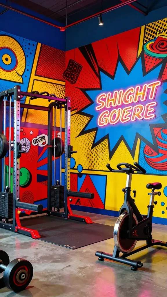 A vibrant, energetic home gym designed in a bold pop art style. The walls are adorned with oversized, contrasting pop art murals featuring comic book-style graphics and playful retro patterns in bright primary colors like electric blue, vivid red, and sunny yellow. Sleek, modern home gym equipment, including a weight rack with dumbbells and a stationary bike, are strategically placed and feature accents in matching primary colors. A prominent, glowing neon sign on one wall displays a motivational phrase in a stylized font. The floor is a polished concrete or a graphic patterned mat. The overall atmosphere is maximalist, fun, and dynamic, captured in a high-quality, realistic photo with excellent lighting that highlights the playful, energetic vibe. No text on images.