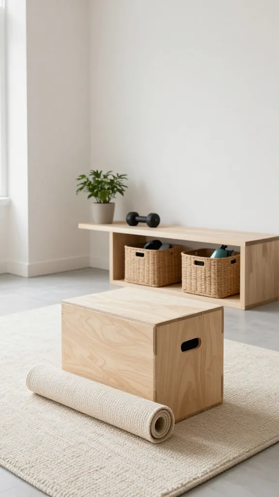A high-quality, realistic photograph of a serene Scandinavian home gym bathed in bright natural light. The space features clean lines, light wood elements, and a minimalist aesthetic. In the foreground, a light wood plyometric box rests on a textured cream wool rug, which is partially rolled up to one side, indicating its functional versatility. Adjacent to the workout area, a sleek, light wood minimalist storage bench neatly holds two woven baskets underneath, filled with discreet workout accessories. A small, simple potted green plant adds a touch of natural element to the bright, airy room. The walls are painted in a soft, neutral tone, enhancing the effortlessly chic and inviting atmosphere, creating a highly functional yet cozy workout sanctuary.