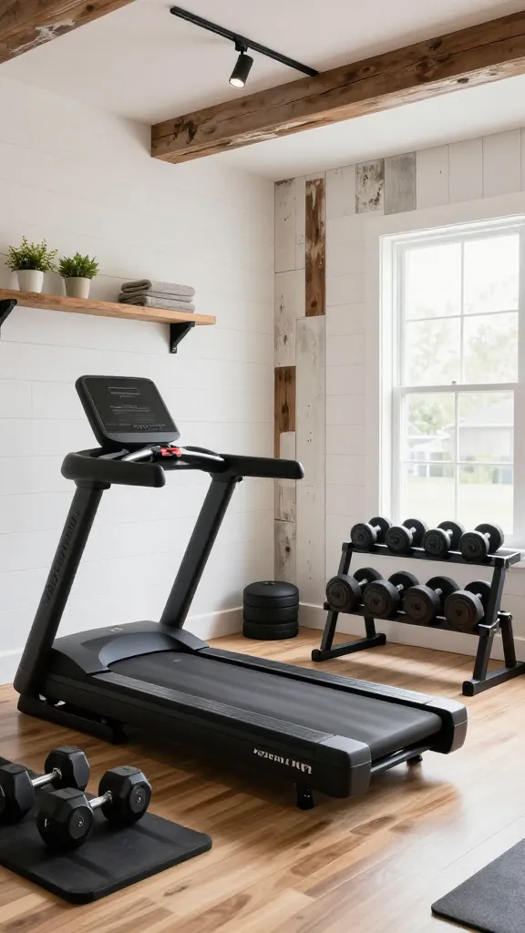 A high-quality, realistic interior photograph of a modern farmhouse home gym. Crisp white shiplap walls serve as the backdrop, complemented by distressed reclaimed wood accents, such as a floating shelf displaying small plants and towels, and a reclaimed wood feature wall behind the main workout area. The gym features sleek, high-performance equipment, including a matte black treadmill and a set of dumbbells on a matching matte black rack. All visible hardware, from light fixtures to equipment frames, is a bold matte black. Natural light streams in from a large window, illuminating the space. The flooring is a warm, light-toned engineered wood. The overall design perfectly blends rustic charm with contemporary comfort, creating a chic, homey, and high-performance workout zone. No text.