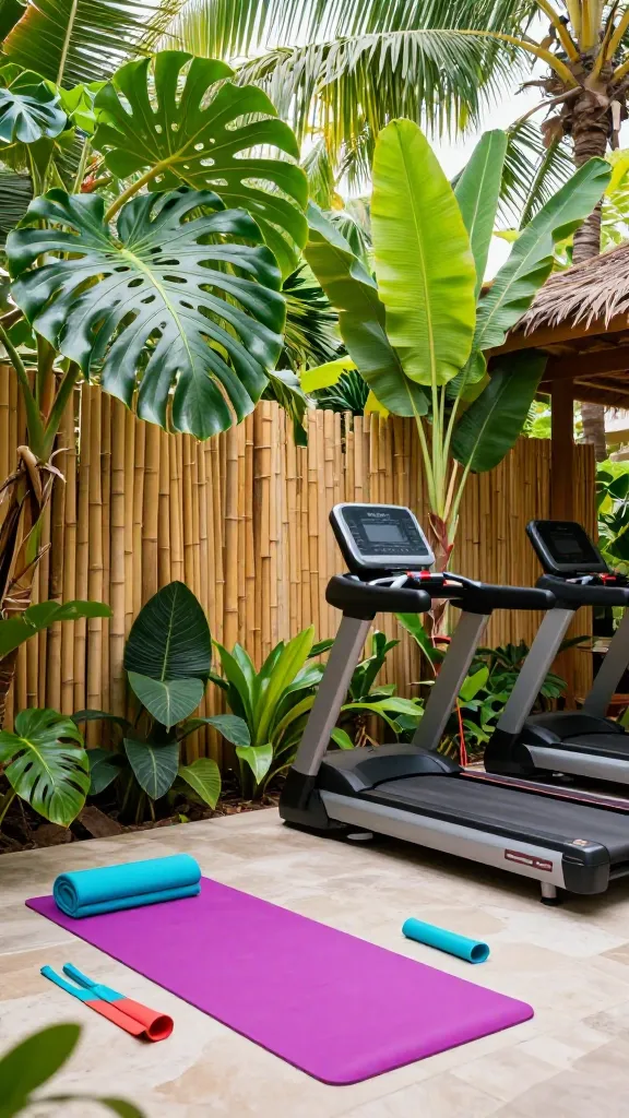 A high-quality, ultra-realistic wide-angle photograph of a vibrant tropical oasis home gym, bathed in bright, natural light. Large, lush Monstera and Banana Leaf plants are strategically placed, creating an immersive, paradise-like atmosphere. A natural bamboo privacy screen forms a serene backdrop. In the foreground, a brightly colored yoga mat, perhaps fuchsia or turquoise, is laid out, accompanied by matching resistance bands. A sleek, modern treadmill is positioned nearby, ready for use. The color palette is dominated by vibrant greens and warm bamboo tones, accented with striking pops of exotic bright colors. The scene evokes an energizing, vacation-like island vibe, perfect for a workout. No text.