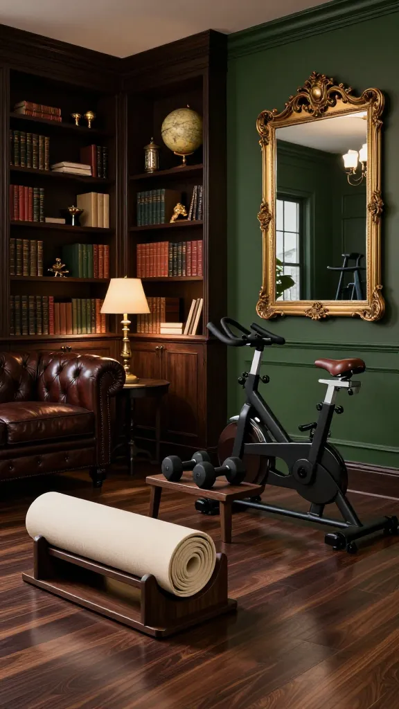 A high-quality, realistic photograph of a luxurious home gym designed in a dark academia aesthetic. The walls are painted a deep forest green, complemented by rich mahogany hardwood flooring. Built-in dark walnut bookshelves filled with classic hardbound books, a vintage globe, and small antiqued gold decorative objects line one wall. A sophisticated, deep brown leather chesterfield sofa sits in a corner, with a small side table holding a warm-toned vintage brass lamp. Integrated subtly into the scholarly environment are elegant workout elements: a sleek, dark wood yoga mat holder with a rolled-up cream yoga mat, a set of minimalist matte black dumbbells neatly arranged on a small, matching dark wood stand, and a vintage-inspired stationary bike with leather saddle and handlebars. A large, ornate mirror with an antiqued gold frame hangs prominently, reflecting the moody, inviting space. Soft, ambient lighting from a classic chandelier and wall sconces illuminates the room, emphasizing the rich textures and scholarly atmosphere. No text.