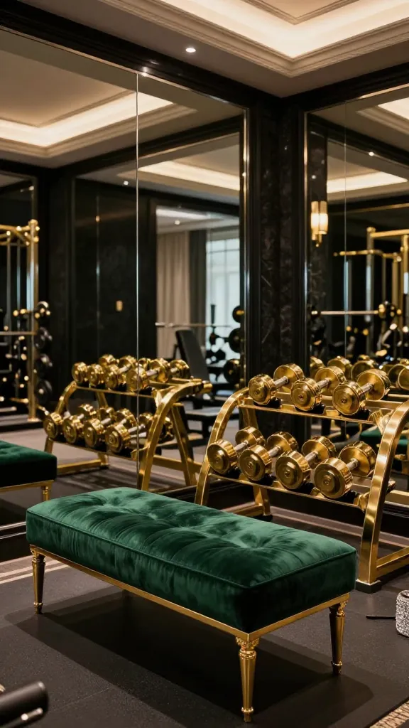 A luxurious and glamorous home workout lounge, featuring a prominent, floor-to-ceiling mirrored wall that reflects the opulent space. In the foreground, a plush, deep emerald velvet bench with elegant gold legs is positioned, suitable for stretching or weight changes. Adjacent to the bench, a sleek, gold-finished dumbbell rack holds a set of polished gold dumbbells, gleaming under the sophisticated ambient lighting. Subtle sparkling details are integrated into the decor, perhaps a crystal accent on a nearby accessory or a hint of shimmer on a decorative object. The room showcases high-end finishes, possibly dark, rich wall colors or a subtly textured wallpaper, with soft, indirect lighting enhancing the textures and metallic sheen. The overall aesthetic is unapologetically extra, creating a sophisticated and exclusive red-carpet feel. High-resolution, realistic photo, professional interior design photography, no people, no text.