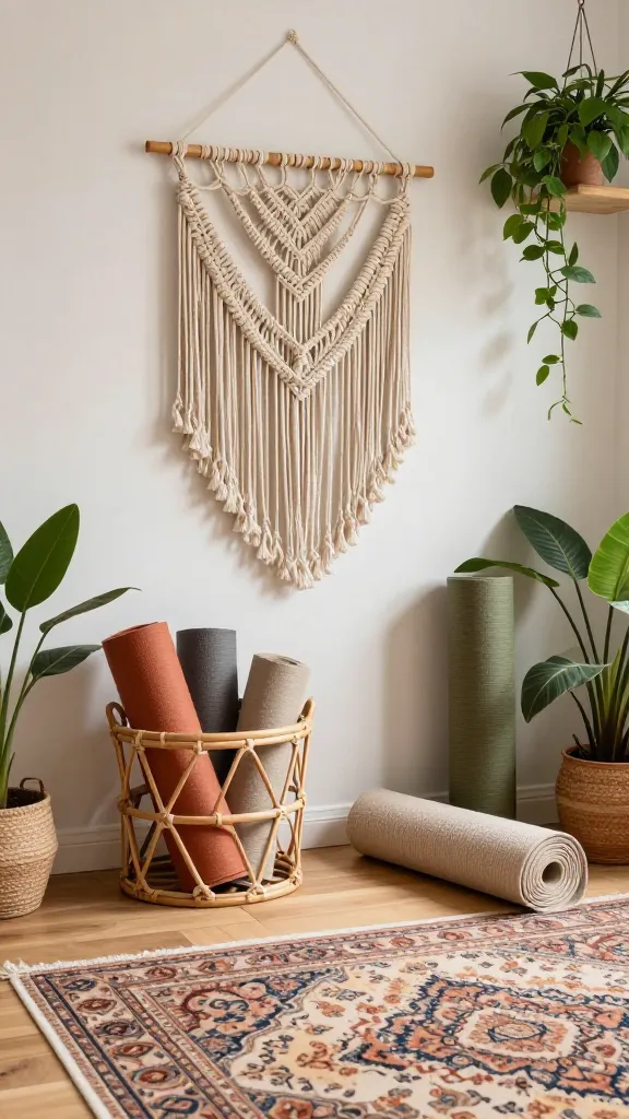 A high-quality, realistic photo of a warm and inviting boho chic home gym. The space is filled with soft, natural light, highlighting a harmonious blend of earthy tones like terracotta, beige, cream, and muted olive green. A large, intricate macrame wall hanging serves as a prominent focal point on one wall. Below it, on a light natural wood floor, a stylish rattan storage basket neatly holds several rolled-up yoga mats. A beautifully patterned, earthy-toned Persian-style rug is rolled up and placed beside the basket, suggesting readiness for a workout. Lush green potted plants are strategically placed, adding to the organic, free-spirited ambiance. The room features layered natural textures from wood, woven fabrics, and macrame, creating a relaxed and inspiring environment for fitness. No text.