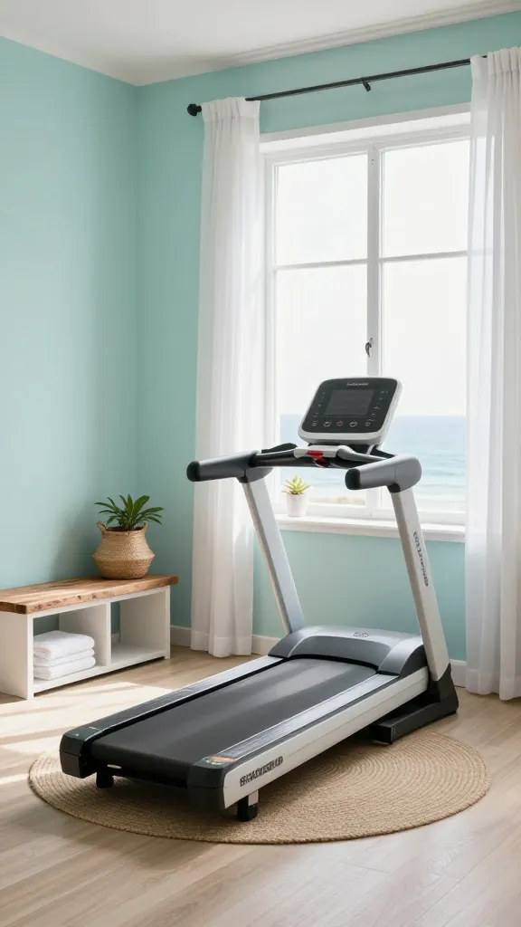 A high-quality, realistic photo of a serene and airy home gym cardio corner, bathed in abundant natural light from a large window. A sleek, modern white treadmill is positioned to face the window, offering a refreshing, uncluttered view. The walls are painted a calming soft aqua, complemented by a light sandy beige engineered wood floor. Sheer white linen curtains gently frame the window. A minimalist white storage bench with a reclaimed driftwood top sits against an adjacent wall, holding a woven seagrass basket filled with small white towels and a simple potted green plant. A small, round, natural jute rug anchors the space under the treadmill. The overall atmosphere evokes a tranquil coastal retreat, perfect for a refreshing workout. No text.