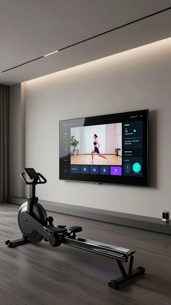 A realistic, high-quality photograph of a sophisticated, minimalist high-tech smart home gym. The focal point is a large, integrated interactive smart mirror (like a Tonal or Mirror) flush-mounted on a smooth, light gray wall, actively displaying a dynamic workout program with vibrant digital graphics. The room's aesthetic is ultra-modern, featuring clean lines, a refined neutral color palette of charcoal gray, matte black, and warm off-white. Subtle, integrated linear LED lighting illuminates the space. A single, sleek piece of smart fitness equipment, such as a futuristic exercise bike or a high-tech rower, is positioned on a dark, engineered wood floor. Discretely integrated charging stations for wearables are hinted at within a seamless wall panel or a minimalist console. The overall environment exudes performance, seamless technology, and an uncluttered, futuristic elegance, with no visible decor.
