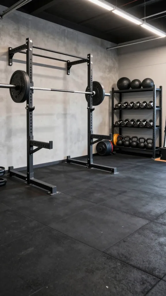 A high-quality, realistic photo of a transformed garage home gym. The floor is covered entirely with heavy-duty black rubber flooring. A robust wall-mounted folding squat rack is deployed and features an Olympic barbell loaded with black bumper plates. Adjacent to it, industrial-grade metal shelving units are neatly organized with a variety of chrome dumbbells, cast iron kettlebells, and colorful weight plates. Bright, functional overhead LED strip lighting illuminates the durable, utilitarian space. The background subtly reveals the original garage structure, such as a painted concrete wall or a section of a clean garage door, now repurposed and highly functional. The overall aesthetic is tough, practical, and no-frills, designed for serious lifting and intense workouts, emphasizing maximum space utilization. Professional photography, sharp focus, natural colors, high-resolution.