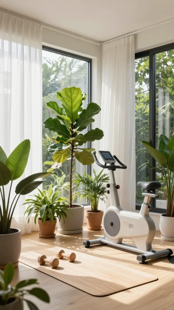 A bright, high-quality, realistic photo of an outdoor-inspired home gym in a sunroom. The space is bathed in abundant natural light streaming through expansive floor-to-ceiling windows, which are softly adorned with sheer white curtains. Numerous lush potted plants of various sizes, including large fiddle-leaf figs and smaller trailing plants, are strategically placed throughout the room, creating a vibrant, natural ambiance. The home gym equipment, featuring minimalist designs, includes a light natural wood yoga mat, light-toned dumbbells, and a sleek pale grey exercise bike, all complementing the serene aesthetic. The flooring is light wood, enhancing the connection to nature. The scene evokes a fresh, airy, and invigorating atmosphere, seamlessly blurring the lines between indoor and outdoor living.