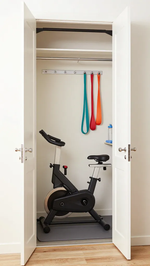 A high-resolution, eye-level photo capturing a meticulously designed compact home gym, cleverly converted from a small closet with its doors fully open. Inside this bright, efficient workout nook, a sleek, modern foldable exercise bike stands partially folded on a dark grey workout mat, emphasizing its space-saving design. Above the bike, on the light-colored back wall, a set of minimalist wall-mounted hooks neatly holds colorful resistance bands. An over-the-door pull-up bar is securely installed at the top of the closet door frame, visible from this perspective. A small, built-in shelf to one side holds a water bottle and a neatly folded hand towel, showcasing smart, multi-functional storage. The overall aesthetic is clean, functional, and perfectly optimized for city dwellers or small spaces. Bright, natural light illuminates the scene, highlighting the textures and details. No text.