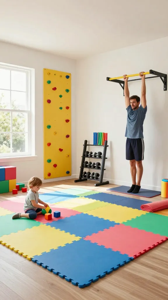 A high-quality, realistic photograph captured with a wide-angle lens, showcasing a meticulously designed Kids' Playroom & Parents' Home Gym Combo within a modern, sunlit home. The space is expertly zoned, with a vibrant, safe kids' play area featuring bright, multi-colored interlocking foam mats covering the floor. A small, child-friendly climbing wall with colorful holds is prominently installed on one wall. Adjacent to this, seamlessly integrated into the parents' fitness zone, is a sturdy wall-mounted pull-up bar. The gym area also includes an adjustable dumbbell set neatly racked, resistance bands, and a rolled yoga mat, all designed for easy storage. A parent in athletic wear is performing a controlled pull-up on the bar, their gaze subtly directed towards a young child (toddler age) happily playing with soft blocks on the foam mats nearby. The room is filled with natural light streaming from a large window, creating a cheerful and inviting atmosphere. The overall aesthetic is clean, organized, functional, and family-friendly, with no text or logos visible.