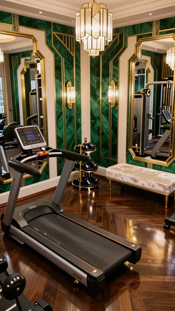 A high-angle, wide shot of a luxurious Art Deco home gym, exuding 1920s glamour and sophistication. The walls feature bold geometric patterns in deep emerald green, polished gold, and crisp ivory, complemented by large, ornate mirrors with polished brass frames. Sleek, custom-designed gym equipment, including a modern treadmill with chrome and dark wood accents, and a set of dumbbells on a tiered black and gold display rack, are subtly integrated into the opulent setting. The floor is dark, high-gloss polished wood, reflecting the warm glow from elegant Art Deco chandeliers and sconces. Accents of silver and black are visible in decorative elements and equipment details. A plush ivory velvet bench sits against one wall, adding to the luxurious feel. The lighting is soft and ambient, highlighting the polished metals and rich textures, creating an atmosphere of timeless elegance and grand old-world charm. Realistic, high-quality photo, no text.