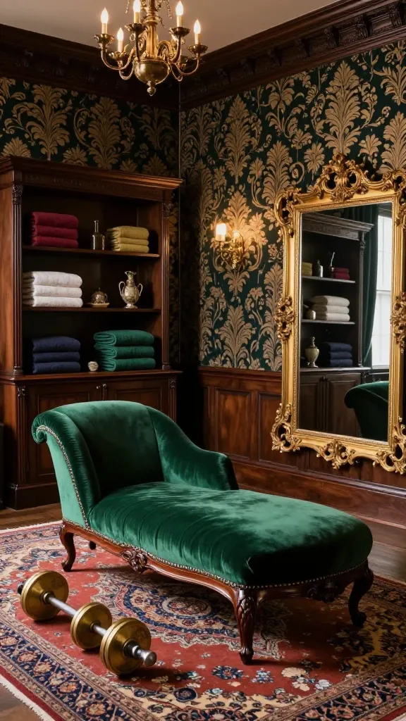 A high-quality, realistic photograph of a luxurious, Victorian-inspired home gym. The opulent room is adorned with rich, deep-toned wallpaper featuring intricate damask patterns and dark, ornate wooden wainscoting. A stately dark wood barrister bookcase, filled with neatly stacked plush towels and antique-style accessories, stands against one wall. Centered in the foreground is a plush emerald green velvet chaise lounge with elegant carved mahogany legs, positioned for comfortable stretching. A large, ornate gold-framed mirror with intricate detailing leans against an adjacent wall, reflecting the grandeur of the space. Discreet, elegant brass free weights are artfully arranged on a Persian rug nearby. Soft, warm light from a vintage chandelier and wall sconces illuminates the rich fabrics and historical details, creating a sense of grandeur and comfort. No text.