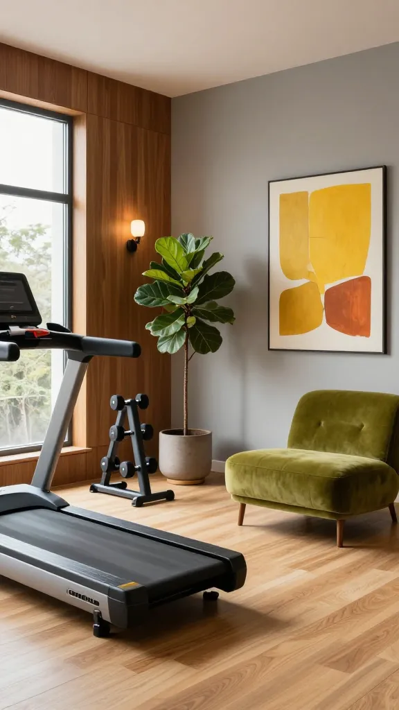 A high-quality, realistic photograph of a sophisticated Mid-Century Modern home gym. The space features warm teak wood paneling on one wall and light oak flooring, creating a clean-lined, inviting atmosphere. Sleek, minimalist gym equipment, including a black treadmill and a stylish dumbbell rack, is strategically placed. Organic shapes are introduced through a large, potted fiddle-leaf fig plant and a comfortable, low-slung lounge chair upholstered in a rich avocado green, set against a neutral grey wall. A vintage-inspired abstract art piece with bold mustard yellow and burnt orange accents adds a vibrant pop of color. Natural light streams in from a large window, complemented by the warm glow of a period-appropriate floor lamp. The overall aesthetic is chic, timeless, and meticulously curated, reflecting a design-conscious individual's perfect workout sanctuary.