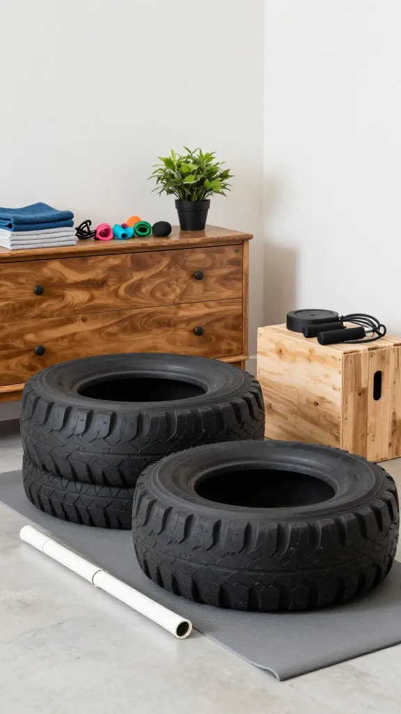 A high-quality, realistic photograph of a resourceful, budget-friendly home gym setup in a bright, organized space. The scene features two old car tires, painted a striking matte black, stacked neatly to function as plyometric boxes. Beside them, a pair of pristine white PVC pipe parallettes are placed on a simple grey yoga mat. Against a clean, light-colored wall, a charming, upcycled vintage wooden dresser, sourced from a thrift store, serves as a stylish storage unit, holding neatly folded workout towels and resistance bands. A small potted plant sits on top of the dresser, adding a touch of greenery. Basic free weights and a jump rope are organized on a repurposed wooden crate nearby. The overall aesthetic is functional, stylish, and demonstrates clever ingenuity. Soft natural light illuminates the space, highlighting the textures and the clean, DIY feel. No text.
