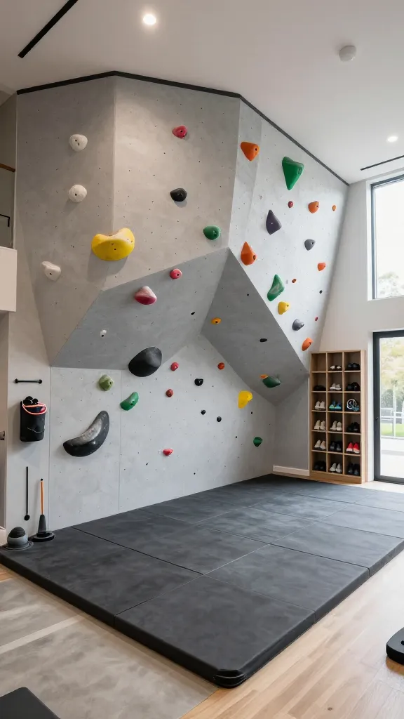 A high-angle, wide-shot photograph capturing a modern, stylish home gym with a prominent, custom-built rock climbing wall and bouldering nook. The climbing wall, crafted from textured light grey panels, spans a significant portion of the wall, featuring an array of realistic, multi-colored climbing holds arranged for various routes. Beneath the entire climbing and bouldering area, thick, dark grey crash pads are meticulously laid out, ensuring safety and covering the floor space. Adjacent to the climbing wall, a sleek, minimalist wall-mounted chalk bag holder with a chalk bag is visible, accompanied by a small climbing brush. Integrated into the wall or as a subtle nearby unit, specialized storage cubbies neatly house climbing shoes and other fitness accessories, maintaining a clean aesthetic. The room is brightly illuminated by natural light streaming from a large window, complemented by subtle recessed ceiling lights, highlighting the adventurous and dynamic atmosphere of the space. The surrounding floor is polished concrete or light wood, contributing to the contemporary interior design. No people. No text.