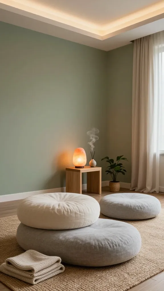 A high-quality, professional photograph of a serene and inviting home yoga and meditation sanctuary. The room is softly illuminated by warm, dimmable recessed lighting and the gentle glow of a Himalayan salt lamp placed on a minimalist light wood side table. The walls are painted in a soothing muted sage green, complemented by soft ivory and natural linen textiles. In the foreground, a stack of plush, round meditation cushions in varying shades of cream and light grey are layered on a textured jute rug, accompanied by a neatly folded, soft knit throw blanket. An elegant ceramic essential oil diffuser subtly releases a calming mist from the side table. The space feels uncluttered and peaceful, designed for mindfulness and movement, with a small, healthy potted plant adding a touch of natural vitality. The overall ambiance promotes relaxation, focus, and a deep sense of well-being within a dedicated home workout space. No text.