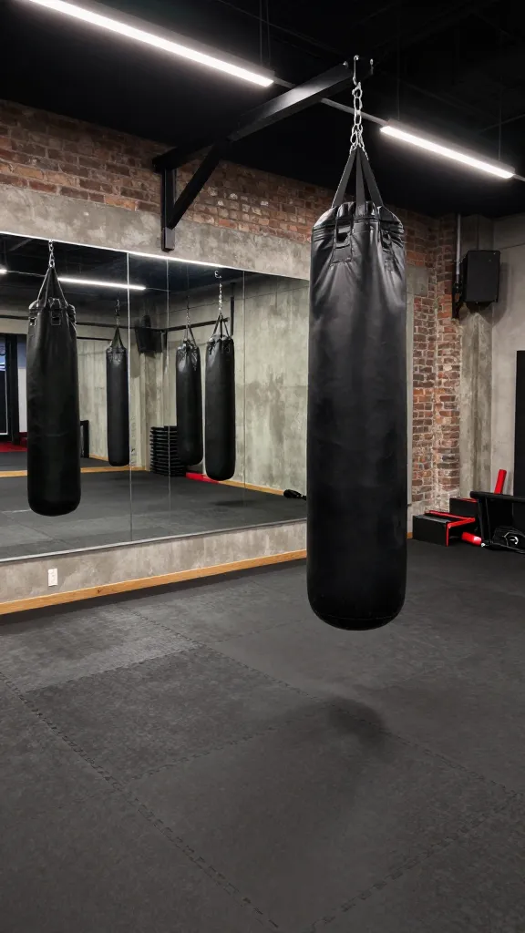 A high-quality, realistic photo of a dedicated home boxing and MMA dojo. The robust gym features dark, heavy-duty interlocking mat flooring that covers the entire space. A large, classic black leather heavy bag hangs prominently from a sturdy ceiling mount, positioned for intense combat training. Along one wall, a wide, clear wall-mounted mirror extends, perfect for shadow boxing, reflecting the raw and energetic aesthetic of the room. The walls are a mix of exposed dark brick and concrete, contributing to a tough, functional, and industrial atmosphere. Overhead, practical, industrial-style LED lighting illuminates the focused training ground. The space is clean, powerful, and ready for rigorous workouts. No text on image.