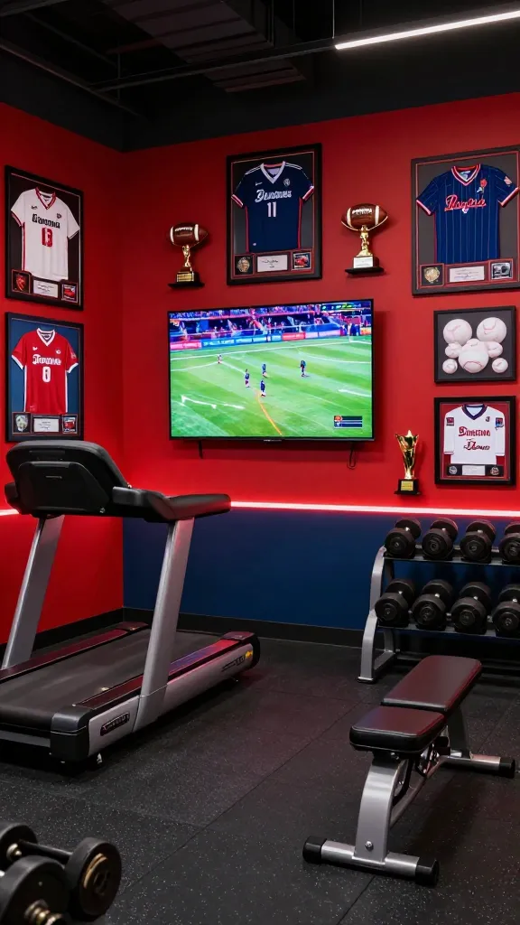 A wide-angle, high-resolution photograph of an ultimate "Sports Fanatic Zone" home gym. The walls are boldly painted in vibrant team colors, such as deep crimson red and dark navy blue, creating an energetic backdrop. Dominating one wall is a very large, modern flat-screen television displaying a live sports game or an intense workout video. Around the TV and on adjacent walls, numerous framed sports jerseys, signed memorabilia like footballs and baseballs, and gleaming trophies are meticulously arranged. The floor is covered with a durable black rubber mat, on which stands a sleek, professional-grade treadmill, a multi-functional weight bench, and a well-organized rack of dumbbells. Subtle LED strip lighting in the team's accent colors provides an immersive, man-cave ambiance, enhancing the sense of passion and high performance. No text on images.