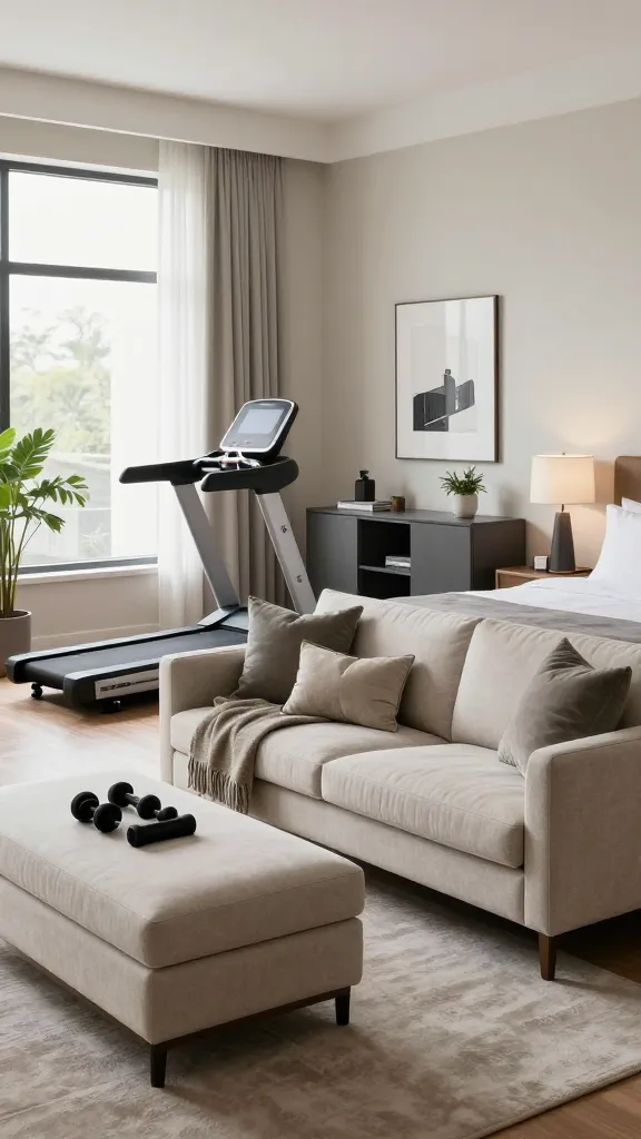 A realistic, high-quality photo capturing a bright, modern multi-functional guest room that cleverly disguises its home gym capabilities. The room features a chic, comfortable sofa bed, neatly arranged as a stylish couch with decorative pillows and a throw blanket, positioned against a soft neutral wall. Adjacent to the sofa, a sleek, upholstered storage ottoman serves as a coffee table, subtly hinting at its potential to store weights and resistance bands. Natural light floods the space from a large window, revealing a minimalist aesthetic with clean lines. In a corner, a discreet, custom-built cabinet or a cleverly integrated console table provides a hidden spot for a foldable treadmill or exercise bike, designed to blend seamlessly with the room's decor. The overall ambiance is welcoming and sophisticated, with tasteful wall art, a small side table with a lamp, and a potted plant, ensuring guests would be unaware of its dual function as a home gym. Professional interior photography, no text.