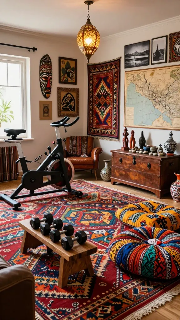 A high-quality, realistic photo of a vibrant and unique home gym designed in an eclectic global gathering spot style. The room is a rich tapestry of patterns, textures, and elements from around the world, creating a space that feels deeply personal and well-traveled. The floor is covered with several artfully layered, colorful kilim rugs and woven blankets, providing a warm foundation. Walls display a curated collection of ethnic art, including a prominent hand-carved tribal mask, framed vibrant tapestries, and a gallery wall featuring a mix of antique maps and black-and-white travel photographs. Modern workout equipment, such as a sleek stationary bike and a set of polished dumbbells on a rustic wooden rack, are seamlessly integrated into the decor, positioned on one of the layered rugs. Nearby, a mix-and-match seating area features a worn leather armchair adorned with a patterned throw and a large floor cushion in a global print. A vintage wooden chest serves as both storage and a display surface for unique travel souvenirs like intricately carved figures, hand-painted pottery, and a collection of smooth river stones. Natural light filters in through a window, illuminating the rich textures, while a unique Moroccan-style lantern hangs as a central light fixture, casting a warm glow. The overall atmosphere is inspiring, adventurous, and reflects a wanderlust-filled individual's journey, making the workout space feel like a personal sanctuary. No text on image.