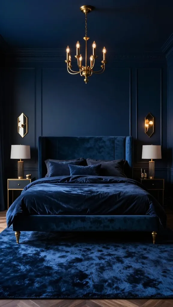 A high-quality, realistic interior photograph of a luxurious and moody bedroom, showcasing a deep sea drama aesthetic. All walls are painted in a rich, inky midnight blue, creating an intimate and sophisticated atmosphere. A grand king-sized bed is centered, featuring a plush velvet upholstered headboard in deep navy or teal. The bedding is dark and luxurious, with subtle textures. Elegant metallic gold or brass lighting fixtures, such as a statement chandelier or stylish sconces, provide a warm contrast. Gold-framed mirrors or abstract art adorn the midnight blue walls. A deep-pile, plush rug in a rich sapphire blue or navy covers a significant area of the floor. The overall scene is chic, mysterious, and undeniably opulent, with soft, dramatic lighting emphasizing the textures and deep colors.