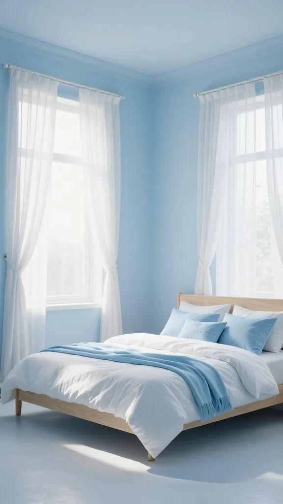 A serene and expansive bedroom, bathed in soft natural light. The walls are painted a dreamy, subtle cerulean blue, evoking an endless summer sky. A simple, low-profile bed frame in light, natural wood is centered in the room, adorned with sumptuously fluffy white bedding and accented with pale blue decorative pillows and a light blue throw blanket. Large windows are dressed with sheer, flowing white curtains that gently billow, allowing ample daylight to flood the space and enhance its airy, tranquil feel. The overall atmosphere is ethereal, calm, and expansive. Realistic, high-quality interior photograph.