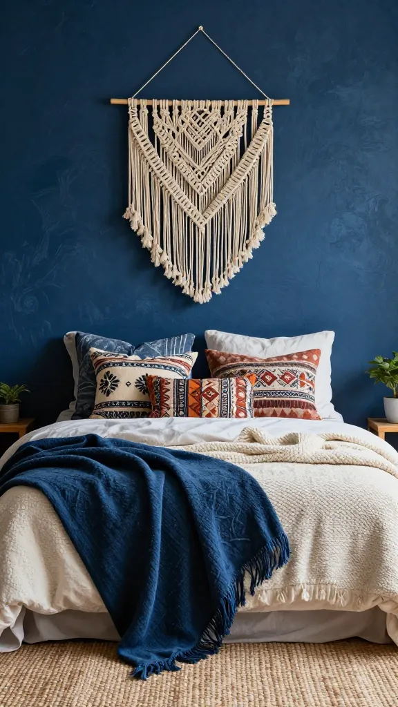 A high-resolution, professional interior photograph of a serene bohemian bedroom, bathed in soft, natural light. The focal point is a generously layered bed set against a deep indigo blue accent wall, which features a subtle, organic textured finish resembling a hand-painted mural. The bed is adorned with an eclectic mix of textiles: a prominent indigo mud cloth throw draped casually across the foot, several patterned pillows showcasing global and tribal designs in tones of indigo, cream, and warm earthy hues, and a chunky knit blanket in a soft off-white or light cream. Above the bed, a large, intricate macrame wall hanging in natural fibers adds to the bohemian charm. Subtle hints of natural materials like a woven jute rug or a small wooden nightstand with a simple potted plant are visible, enhancing the free-spirited vibe.