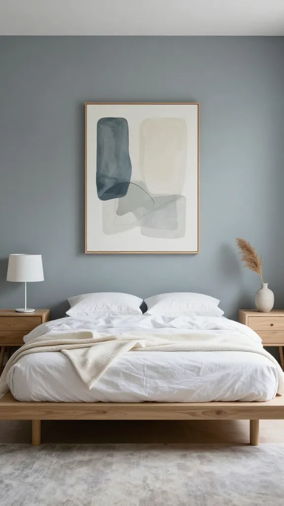 A high-quality, realistic photograph of a modern minimalist bedroom. The walls are painted in a muted, almost greyish dusty blue, creating a sophisticated and calming backdrop. A sleek, low-profile platform bed made of light natural wood is centered in the room, dressed with crisp white linen bedding and a subtly textured off-white throw blanket neatly folded at the foot. Minimalist light wood nightstands flank the bed, one holding a modern, clean-lined white table lamp, the other a small ceramic vase with a single dried pampas grass stem. Above the bed, a single large abstract art piece in a simple light wood frame features soft, muted tones of dusty blue, cream, and light grey. A soft, light grey area rug extends from under the bed. The room is bathed in soft, natural light, exuding an effortlessly chic, serene, and warm atmosphere. No text.