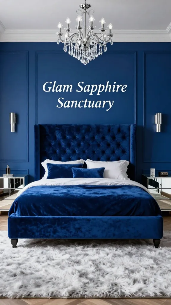 A luxurious and opulent bedroom designed in a 'Glam Sapphire Sanctuary' style. The walls are painted a deep, jewel-toned sapphire blue, setting a dramatic stage. A grand bed with a tall, richly tufted velvet headboard in an even deeper sapphire blue or navy is the central focus. On either side of the bed are sleek, mirrored nightstands, reflecting light and adding sparkle. Elegant silver or chrome lighting fixtures, such as modern sconces or a chic chandelier, provide sophisticated illumination. The floor is covered with a plush, high-pile rug in a soft grey or pristine white, adding texture and comfort. Subtle sparkling accents are integrated throughout the decor, enhancing the luxurious and elegant atmosphere. Realistic, high-quality interior photography, professional lighting.