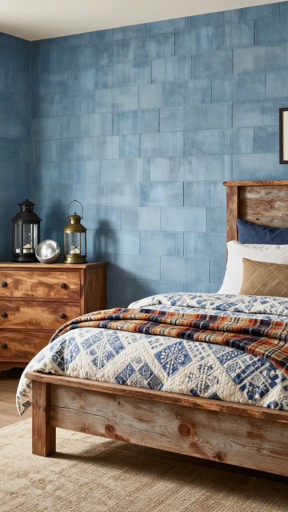 A cozy, rustic bedroom interior, showcasing a prominent accent wall featuring shiplap painted in a soft, faded denim blue. A sturdy, distressed reclaimed wood bed frame is centrally positioned, dressed with a blue and white patterned quilted duvet, layered with warm plaid throws. On a nearby reclaimed wood dresser, vintage lanterns and galvanized metal decor pieces are artfully arranged. The room is illuminated by soft, natural light, creating an inviting and warm country cabin atmosphere. High-quality interior design photography, realistic, sharp focus, no text.