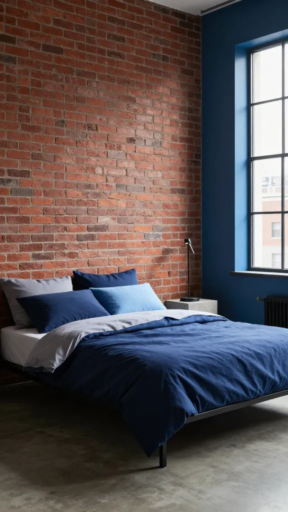 A high-quality, realistic photo capturing a sophisticated urban loft bedroom. One prominent wall showcases exposed red brick, providing a raw industrial texture, while the adjacent walls are painted a cool, deep steel blue. A low-slung, minimalist bed frame crafted from dark black metal is centrally positioned. The bed is sumptuously dressed with plush bedding in varying shades of deep navy blue, slate grey, and a soft sky blue, creating a luxurious and inviting retreat. Next to the bed, a solid concrete side table holds a sleek, modern lamp with a black metal base, enhancing the industrial vibe. The flooring is polished concrete. Soft, ambient light filters in from a large, industrial-style window, illuminating the space with a serene glow. The overall atmosphere is one of edgy modernity balanced with calming comfort.