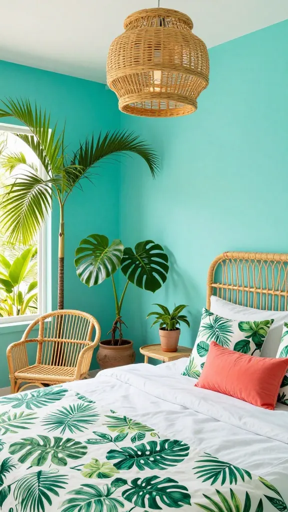 A vibrant, high-quality photograph of a tropical turquoise oasis bedroom. The walls are painted a bright, cheerful turquoise blue, reminiscent of clear ocean waters. A comfortable bed features a prominent natural rattan headboard, dressed in crisp white bedding and accented with throw pillows showcasing lush green botanical prints and pops of bright coral. A stylish natural rattan armchair sits in a sunlit corner, accompanied by a large, thriving Monstera deliciosa plant in an earthenware pot. A natural rattan pendant light hangs gracefully from the ceiling. Abundant live tropical plants, including a tall Areca palm and smaller leafy plants on a bedside table, are strategically placed to enhance the lush, energetic, and refreshing atmosphere. Bright natural light fills the room, creating a permanent vacation vibe. Realistic interior design photography. No text.