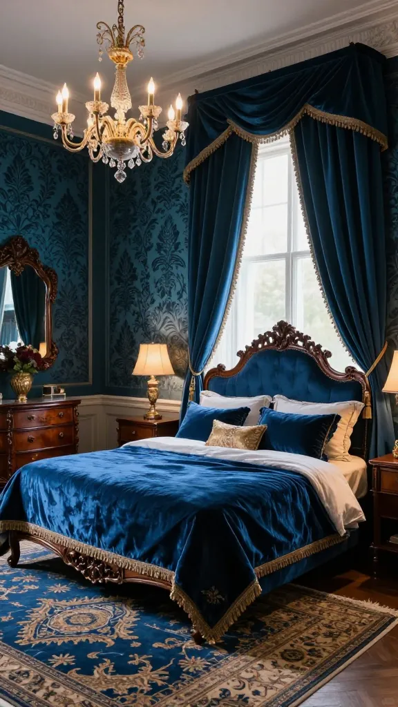 A high-quality, realistic photograph of a luxurious Victorian-inspired blue bedroom. The walls are adorned with deep teal damask wallpaper, creating a rich backdrop. Dominating the center is a magnificent king-sized bed, upholstered in sumptuous sapphire blue velvet, featuring an ornate, intricately carved dark wood headboard. Heavy, floor-pooling dark teal velvet drapes frame a large window, adding dramatic flair and a sense of opulence. An antique dark wood dresser with intricate carvings stands against a wall, accompanied by a matching nightstand. Soft, ambient light from an elegant chandelier and ornate table lamps casts a warm, inviting glow over the room. The space is styled with layered, high-thread-count bedding in complementary blues and golds, a vintage oriental rug, and subtle gold accents, creating an atmosphere of grandeur and a relaxing retreat. Professional interior photography, no text.
