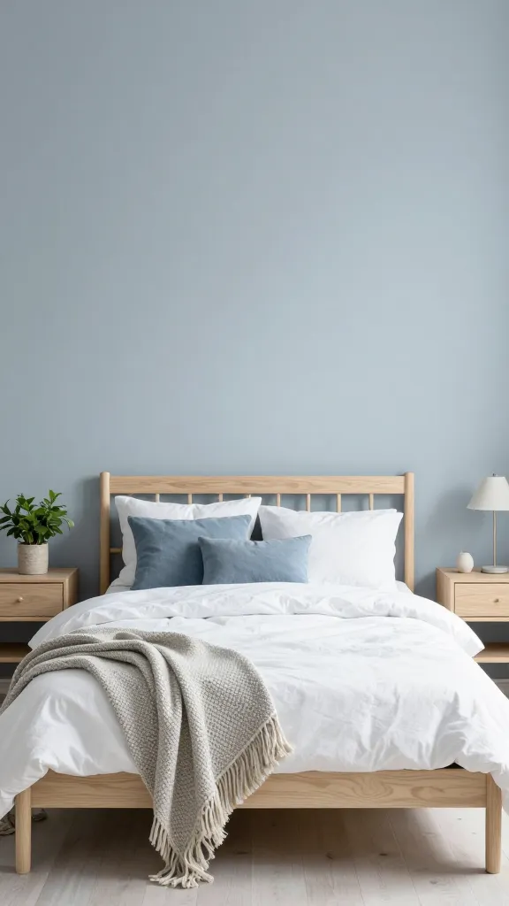 A serene and uncluttered Scandinavian bedroom bathed in soft, diffused natural light. The walls are painted in a soft, muted Nordic blue, a shade that feels almost grey but is distinctly blue, creating a calm and inviting backdrop. A simple, light birch wood bed frame is adorned with crisp white bedding and a few subtle blue accent pillows. On either side, minimalist light oak nightstands hold minimal decor, perhaps a small, potted green plant or a simple ceramic lamp. A chunky, woven wool throw in a natural, light grey or cream color is casually draped over the foot of the bed, adding texture and warmth. The overall scene exudes hygge, functionality, and natural beauty, with clean lines and a peaceful atmosphere. High-resolution, realistic interior photography, no text.