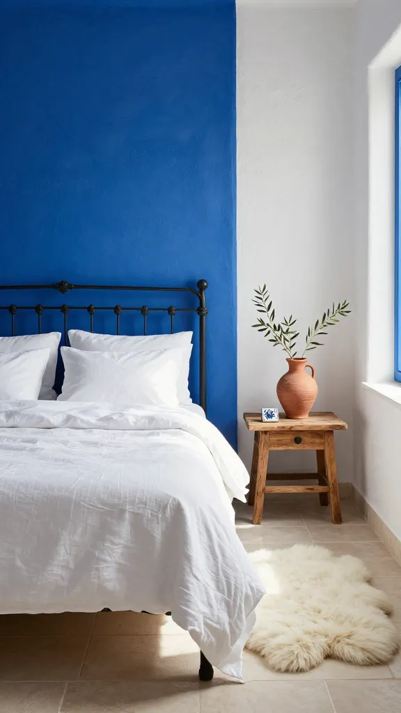 A sun-drenched Mediterranean-inspired bedroom. The main wall behind a simple, dark wrought-iron bed frame is painted a striking, deep cobalt blue, reminiscent of the Aegean Sea. The bed is impeccably dressed with crisp white linen bedding, soft pillows, and a textured white throw. On a rustic wooden bedside table, a terracotta vase holds a few dried olive branches, and a small, hand-painted ceramic tile coaster rests beside it. Adjacent walls feature a subtle, textured white plaster finish, creating a bright contrast. A plush off-white sheepskin rug partially covers light-colored floor tiles. Warm, natural sunlight streams through a window, illuminating the textures and creating a serene, inviting atmosphere. High-resolution, realistic interior photography, no text.