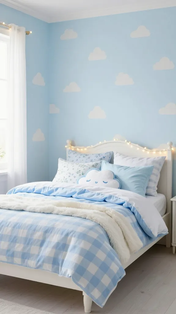 A high-quality, realistic photo of a bright and whimsical powder blue bedroom. The walls are painted a soft, gentle powder blue, subtly adorned with an almost imperceptible cloud pattern or tiny polka dots. A light-colored bed frame, either white painted wood or natural pine, serves as the room's centerpiece. The bed is lavishly layered with playful bedding: a duvet in soft blue and white gingham, accented by throw pillows featuring delicate floral patterns and a cute, stylized animal motif (like a sleeping cloud or a gentle bunny) in coordinating soft blues and whites. A fluffy white or light blue throw blanket is casually draped. Delicate, warm string lights are artfully arranged, perhaps along the headboard or framing a window, casting a soft, inviting glow. The overall atmosphere is cheerful, lighthearted, and utterly delightful, with no text visible.