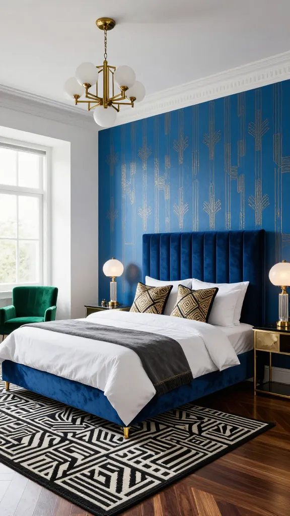 A luxurious Art Deco bedroom, exuding roaring twenties glamour and sophistication. A king-sized bed with a tall, channel-tufted velvet headboard in a deep sapphire blue is positioned against an accent wall painted in a striking, vibrant azure blue. This azure wall features a subtle, metallic gold geometric pattern wallpaper. The adjacent walls are crisp white, creating dramatic contrast. The bed is dressed with crisp white Egyptian cotton sheets and pillows, layered with a charcoal grey throw blanket and decorative pillows featuring intricate gold and black geometric embroidery. A plush area rug with a bold black and white Art Deco geometric design covers the polished dark hardwood floor. On either side of the bed, slender nightstands with polished brass frames and black marble tops hold elegant Art Deco table lamps with frosted glass shades and brass bases. A statement chandelier with geometric brass elements and frosted glass globes hangs from the ceiling. A velvet armchair in a rich emerald green with brass legs sits in a corner. Sunlight streams through large windows, highlighting the luxurious textures and metallic accents. Realistic, high-quality, professional interior design photograph, sharp focus, natural light, no text.