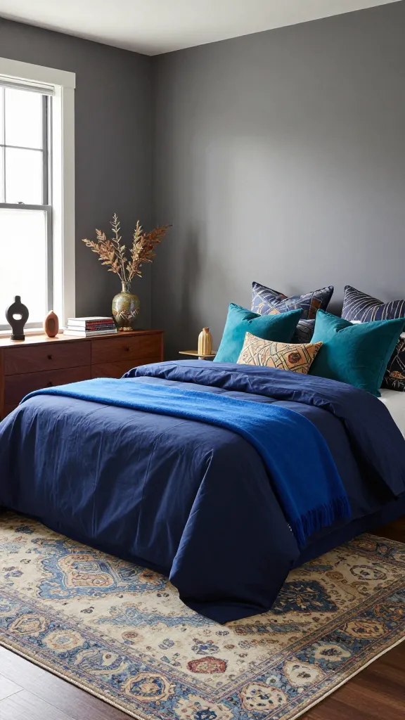 A wide-angle, high-resolution photograph of an eclectic blue bedroom, designed as a relaxing retreat. The walls are painted a muted, sophisticated grey, allowing the vibrant decor to pop. The central bed is a rich tapestry of blue textiles: a plush navy duvet, a vibrant cobalt blue throw draped artfully, and an assortment of throw pillows in varied shades of teal, cobalt, and navy, featuring a mix of patterns from global-inspired geometrics to abstract textures. Anchoring the space is a large, global-inspired rug with intricate patterns in faded blues, creams, and earthy tones. Against one wall, a sleek mid-century modern wooden dresser in a warm walnut finish is styled with a curated collection of treasures: a vintage art deco vase holding dried botanicals, a stack of contemporary art books, and a unique, small abstract sculpture. The room masterfully blends vintage finds with modern pieces, showcasing mixed patterns and textures throughout. Natural light streams in from a large window, illuminating the collected character and inviting atmosphere. Professional interior photography, realistic, no text.