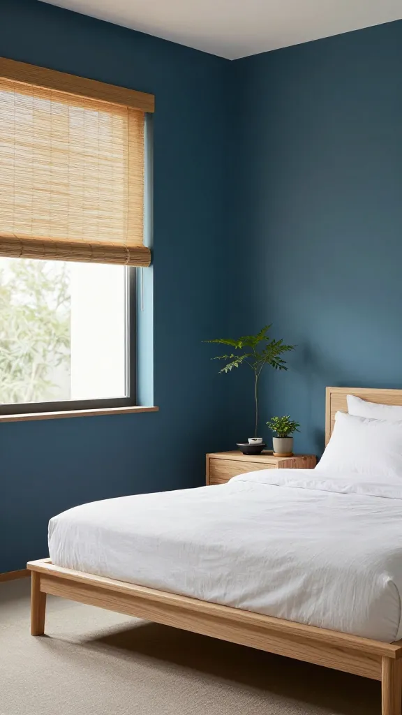 A high-resolution, professional interior photograph of a modern Zen bedroom. The walls are painted a deep, soothing teal blue, creating a tranquil and restorative atmosphere. A low-profile bed frame made of natural light wood with clean, simple lines is centered in the room, adorned with crisp white linen bedding. To the side, a minimalist natural wood nightstand holds a small, elegant tabletop water feature and a carefully placed potted plant. A large window is dressed with natural bamboo blinds, allowing soft, diffused daylight to gently illuminate the space. Another slender green plant stands in a corner, adding a touch of natural vitality. The overall decor is minimal, emphasizing quality and balance, with no clutter. The lighting is soft and ambient, enhancing the room's serene tranquility. No text on image.