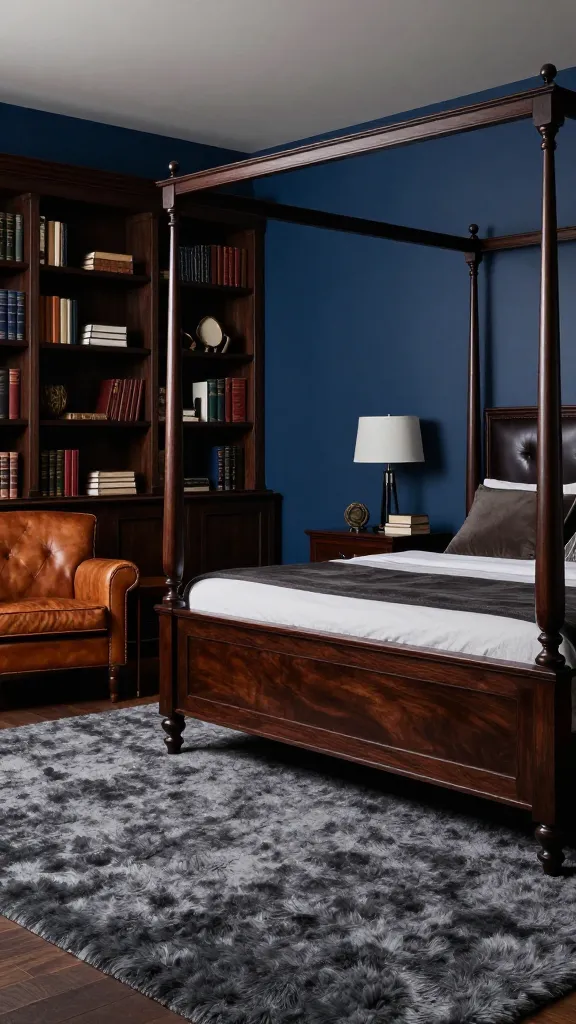 A realistic, high-quality, professional photograph of a sophisticated and masculine gentleman's study bedroom. The walls are painted in a deep midnight blue, creating a cozy and refined atmosphere. A substantial dark wood four-poster bed with a luxurious dark leather headboard is the centerpiece. Adjacent, a floor-to-ceiling built-in bookshelf crafted from dark wood displays an array of classic books and curated decor. A rich, plush area rug in a complementary charcoal grey covers the floor, adding texture and warmth. A distinguished cognac leather armchair with a side table is thoughtfully placed in a corner. Soft, ambient lighting enhances the rich textures of dark wood, deep blue walls, and leather accents, conveying classic elegance and comfort. No text on image.