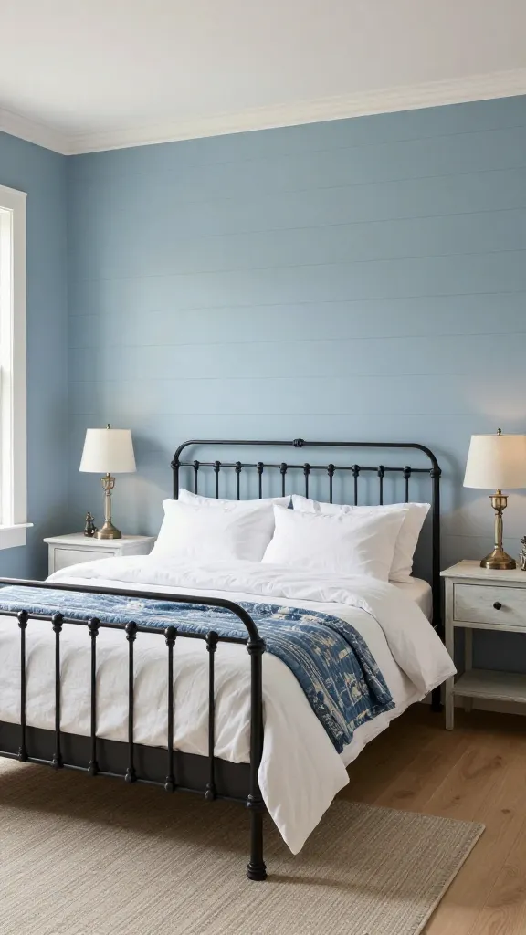 A high-resolution, realistic photograph of a tranquil modern farmhouse blue bedroom. The walls are painted a soft, slightly distressed faded blue, with a prominent textured shiplap accent wall behind the bed. A classic black wrought iron bed frame is the centerpiece, adorned with layers of crisp white linen bedding and a blue and white patterned quilted throw. Simple white-washed wooden nightstands flank the bed, each topped with a vintage-inspired table lamp emitting a warm, soft light. Natural light gently streams into the room from a window, highlighting the rustic elegance and comfortable simplicity of the space. The floor features light natural wood, complemented by a subtle, woven rug.