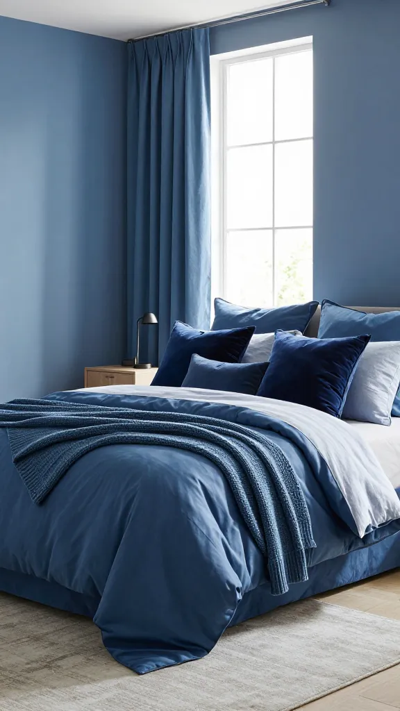 A high-quality, realistic photograph of a sophisticated monochromatic blue master bedroom, bathed in soft natural light. The walls are painted a dominant medium sky blue, creating a serene and cohesive backdrop. A plush king-sized bed is the central focus, dressed in meticulously layered bedding that showcases various shades and textures of blue. A silky duvet cover in a rich, mid-tone blue is topped with crisp, pale powder blue linen sheets. Several velvet throw pillows in deep navy and royal blue are artfully arranged against the headboard, alongside a chunky knit throw in a dusty blue draped elegantly at the foot of the bed. Floor-length, textured curtains in a slightly lighter shade of blue frame a large window, allowing soft light to highlight the varied textures. Complementary furniture, such as a light wood bedside table with minimal decor, and a light, neutral-toned rug on the floor, ensure the focus remains entirely on the harmonious blue palette, creating an incredibly sophisticated and relaxing retreat.