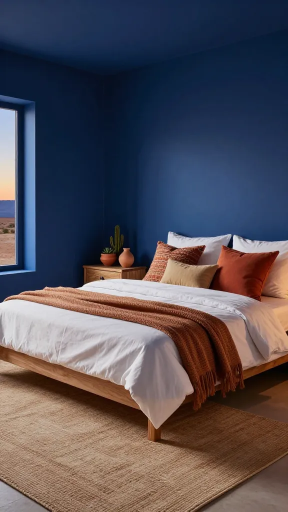 A high-quality, realistic interior design photograph of a serene blue bedroom, capturing the essence of a desert dusk. The walls are painted a deep, dusky indigo blue, creating an incredibly atmospheric and grounding backdrop. A comfortable bed, the central feature, is dressed with crisp white linens and layered with woven throw blankets and decorative pillows in warm terracotta, burnt orange, and sandy beige hues. The bed frame and accompanying nightstands are crafted from natural wood with a slightly rustic finish. A large, textured area rug in a sandy beige or light terracotta color grounds the space. On the rustic wooden nightstands, there are various earthy-toned pottery pieces, some holding small cactuses and succulents. Soft, warm ambient lighting, mimicking the gentle glow of twilight, permeates the room, enhancing the relaxing retreat atmosphere. No text.