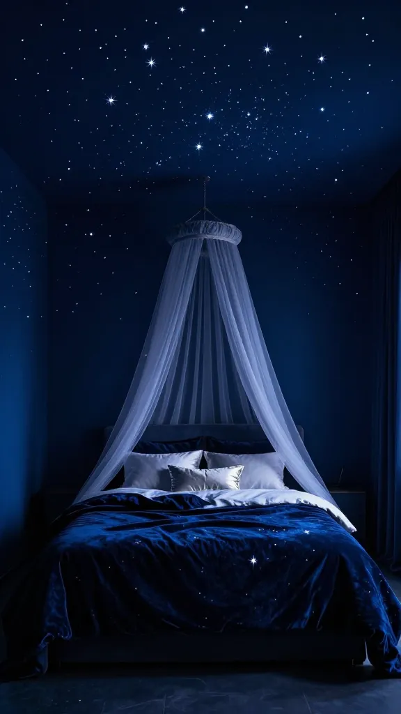 A high-resolution, realistic photo of a luxurious and serene master bedroom designed as a celestial night sky sanctuary. The walls are painted a dramatic, deep midnight blue, with countless tiny, twinkling LED "stars" embedded across the ceiling and upper walls, creating an immersive, enchanting starry night effect. A grand, plush bed is centered, adorned with dark, opulent deep blue velvet bedding and subtle silver and white accent pillows that mimic starlight. A light, sheer, ethereal canopy gracefully drapes over the bed, enhancing the dreamy atmosphere. Soft, ambient lighting emanates solely from the "stars" and perhaps a subtle hidden cove light, casting gentle shadows and highlighting the rich textures. The overall scene is one of ultimate relaxation and celestial wonder, captured with exquisite detail and depth.