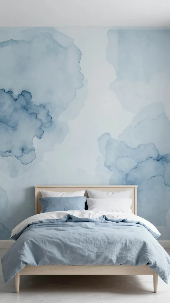 A high-quality, realistic photograph of a serene and delicate blue bedroom. The walls feature a soft, blended watercolor blue design with flowing, translucent washes of muted blue, creating an artistic and ethereal backdrop. A simple, light-colored wooden bed frame (or white) is centered, dressed with layered, natural linen bedding in various muted, dusty blues. Soft, diffused natural light fills the airy space, highlighting the whimsical and relaxing atmosphere. Interior design photography.